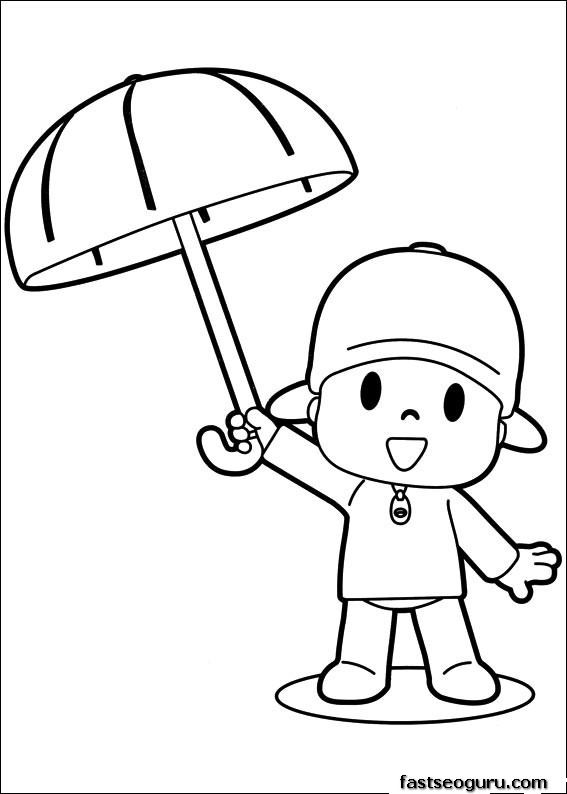 Printable coloring sheet of cartoon Pocoyo with Umbrella